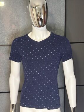 Express Navy V-Neck Short Sleeve Tee with Mini Anchor Print